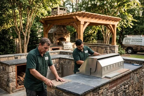 Our team working on a custom outdoor kitchen project in Charlotte