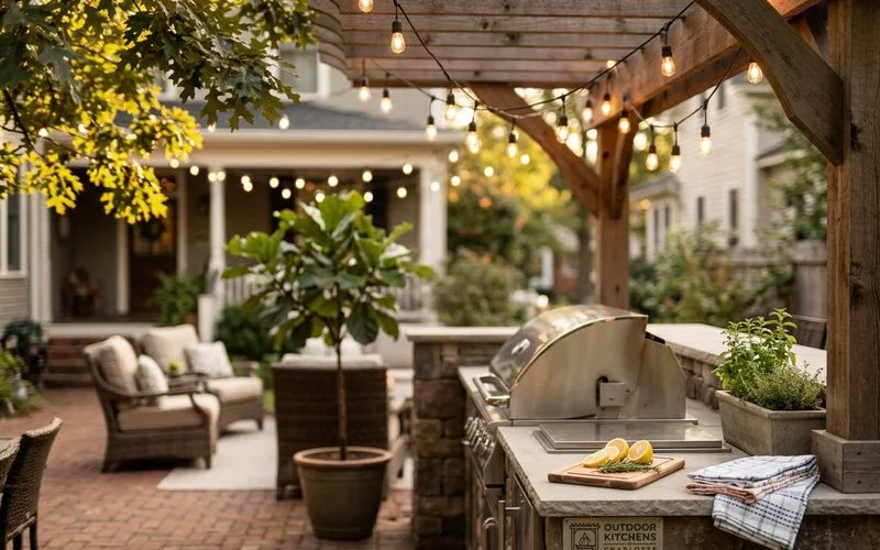 Warm string lights creating ambient atmosphere over outdoor dining area