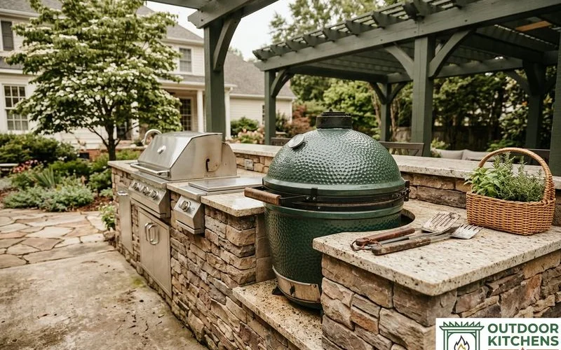 Big Green Egg built into a stone outdoor kitchen island with counter space