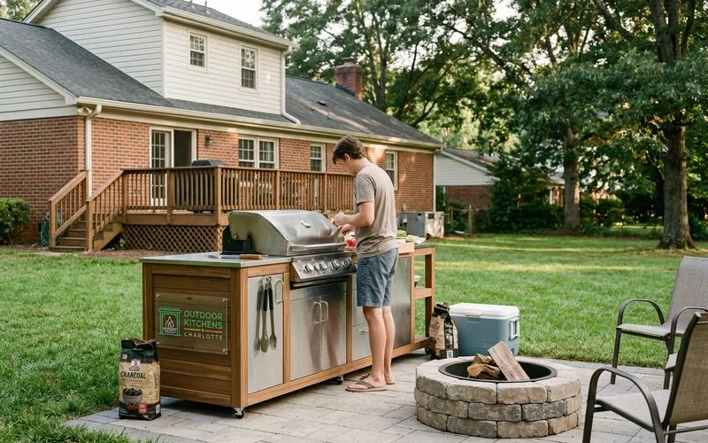 Budget-friendly outdoor kitchen with built-in grill and simple stone base in Charlotte