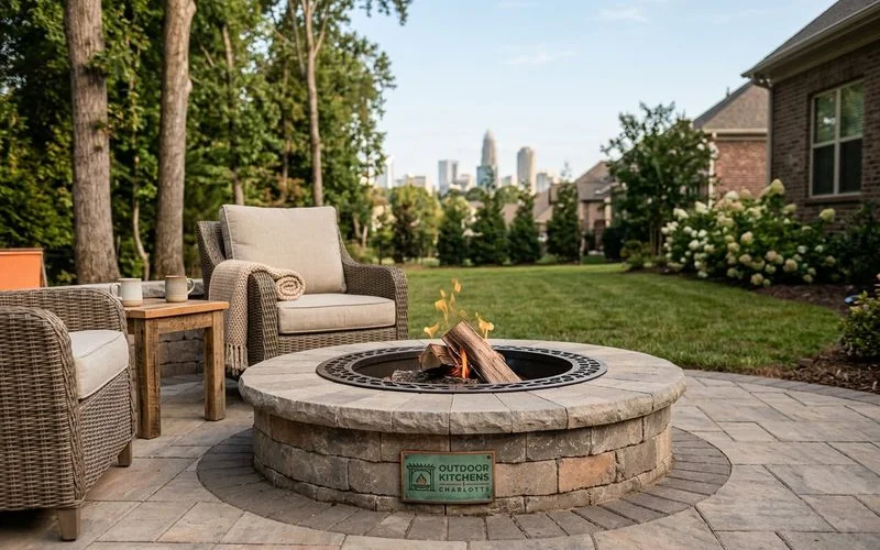 Custom built-in fire pit with stone surround on a Charlotte patio