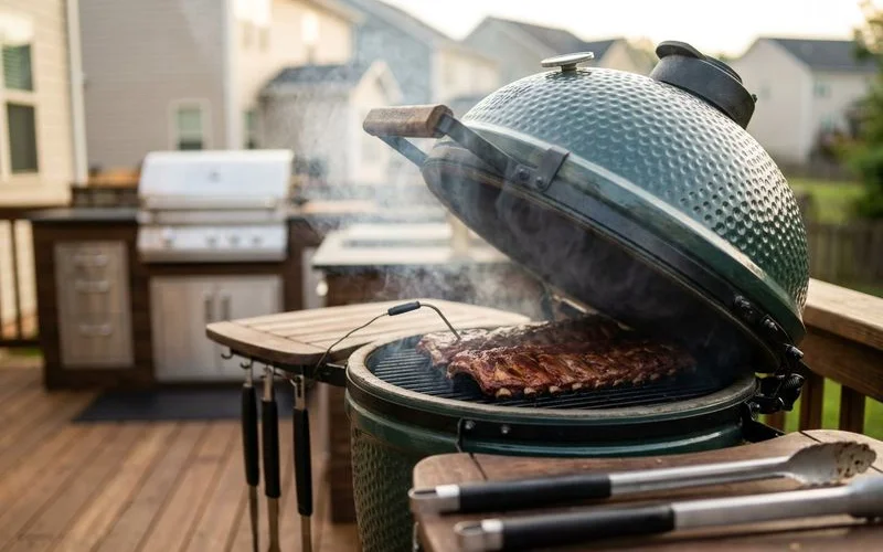 Charcoal kamado grill set up for low-and-slow smoking in outdoor kitchen