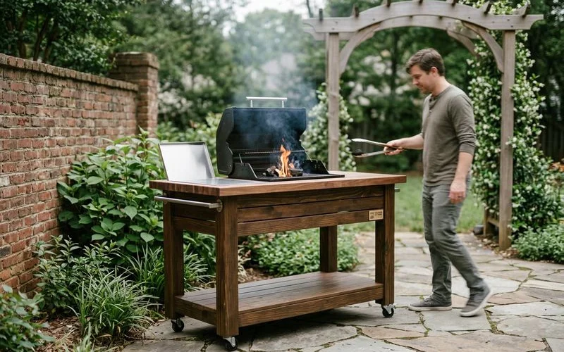 Compact straight-line grill station on a narrow Charlotte patio
