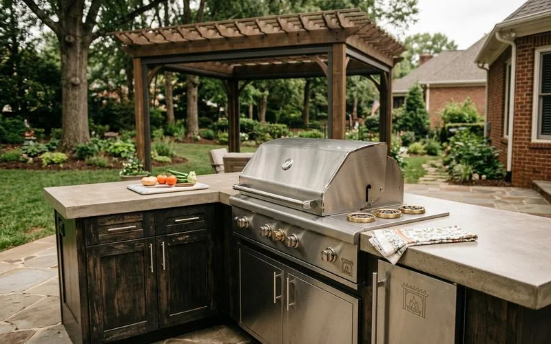 Modern outdoor kitchen with custom concrete countertops in a Charlotte backyard