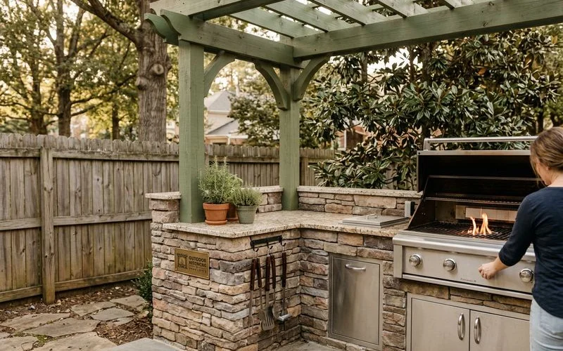 Corner outdoor kitchen with vertical storage maximizing a small patio
