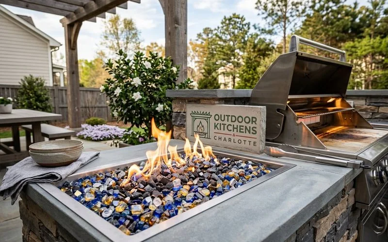 Gas fire pit with decorative fire glass glowing on a Charlotte patio