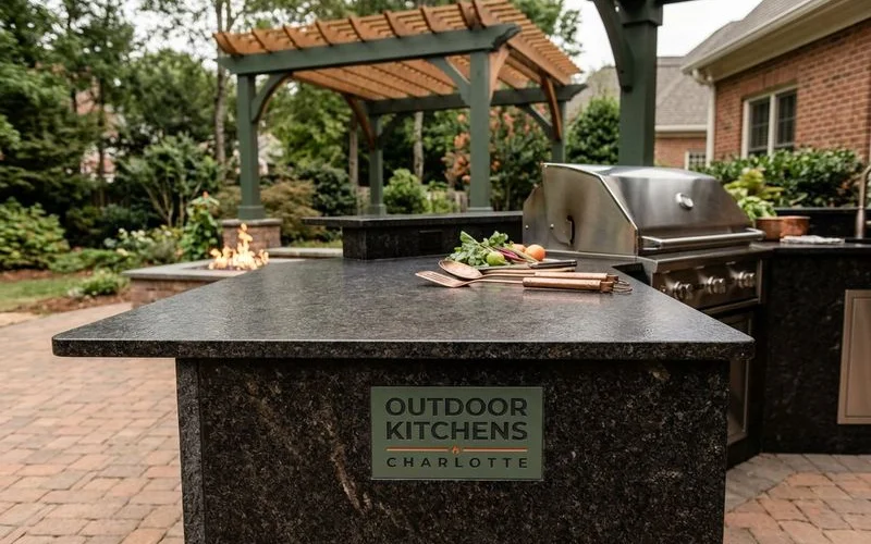 Granite countertop installed in a Charlotte outdoor kitchen with grill and prep area