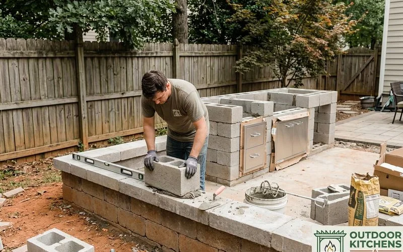 Homeowner building DIY outdoor kitchen with cinder block construction