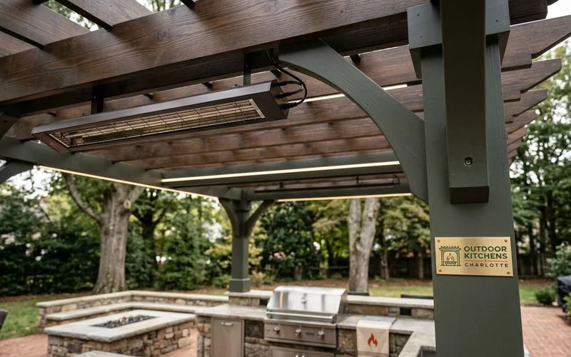 Ceiling-mounted infrared heater providing warmth in a Charlotte outdoor kitchen during winter