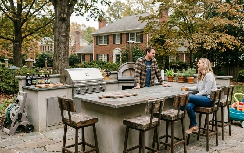 L-shaped outdoor kitchen with granite countertops and bar seating