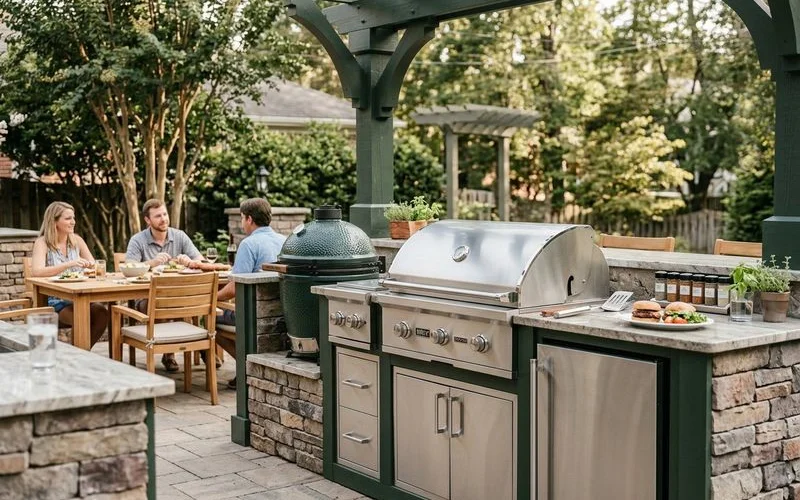 Large grill island with multiple appliances and bar seating for entertaining