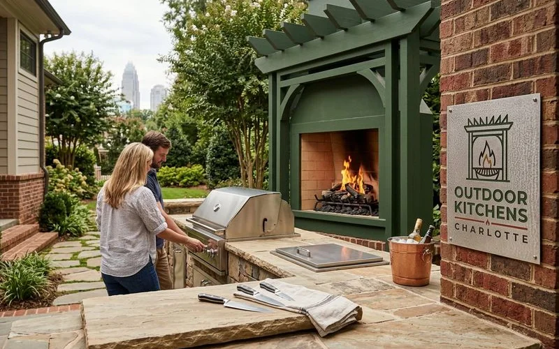 Luxury outdoor kitchen with full appliance suite, pavilion cover, and natural stone in Charlotte