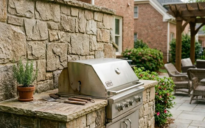 Natural stone wall detail on a Charlotte outdoor kitchen showing color and texture variation