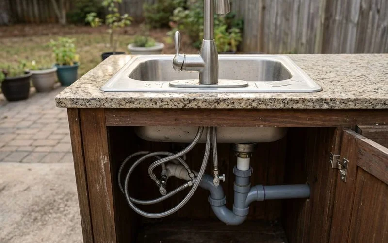 Sink plumbing with hot and cold supply lines and drain connection in an outdoor kitchen