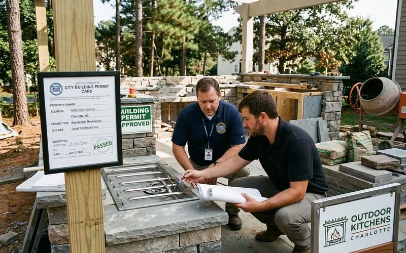Outdoor kitchen under construction with county inspection documentation
