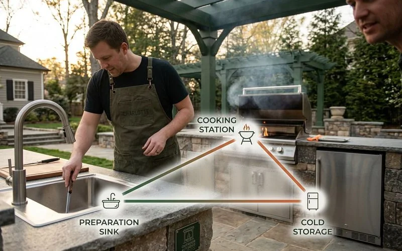 Homeowner measuring patio space for outdoor kitchen layout