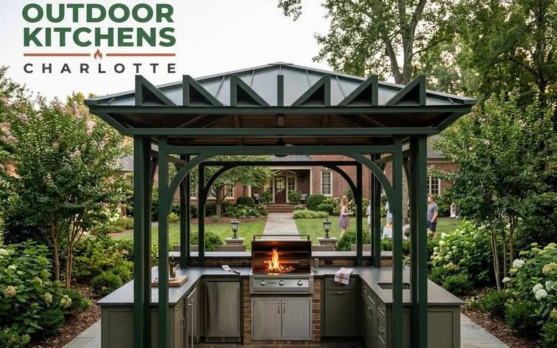 Pavilion-covered outdoor kitchen with full roof, ceiling fan, and stone base in Charlotte