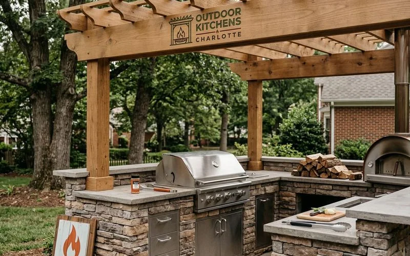 Pergola-covered outdoor kitchen in a Charlotte backyard with string lights and partial shade