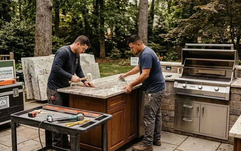 Professional installation crew setting granite countertops on outdoor kitchen