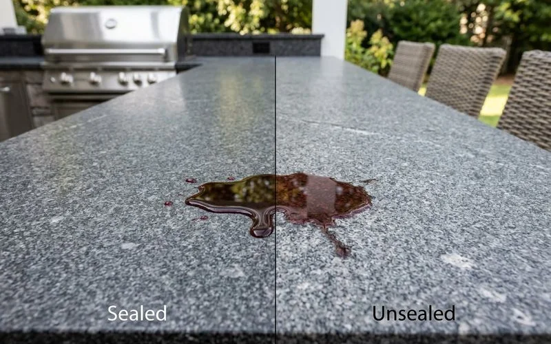 Comparison showing sealed versus unsealed countertop surfaces after rain exposure
