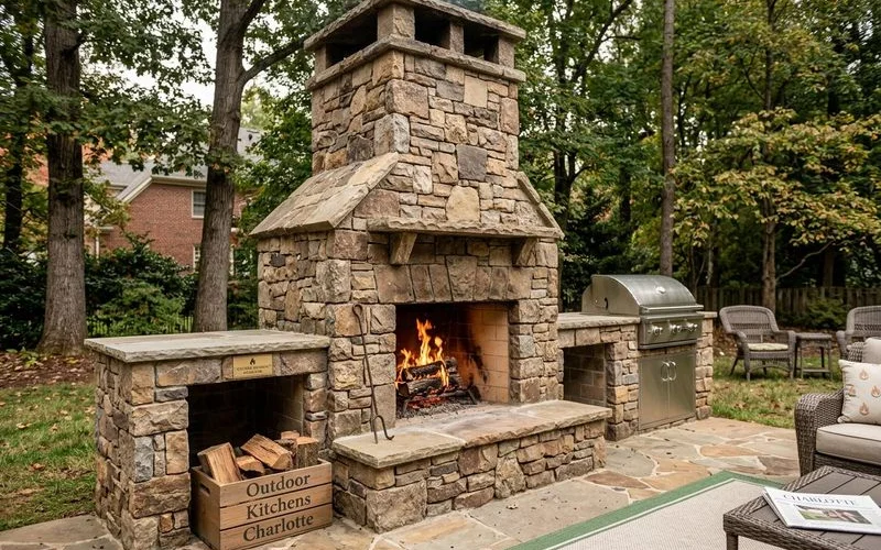 Custom stone outdoor fireplace with hearth in a Charlotte backyard