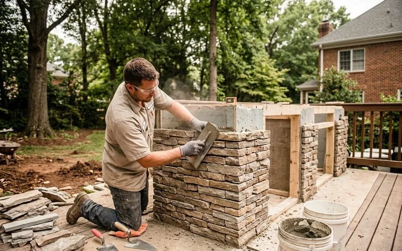 Stone veneer being installed on an outdoor kitchen base structure
