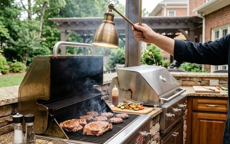 Focused task lighting illuminating an outdoor grill and prep counter