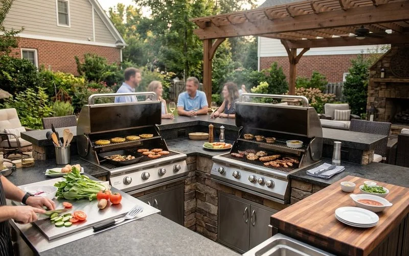 U-shaped outdoor kitchen with multiple cooking stations
