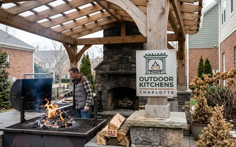 Covered outdoor kitchen in Charlotte set up for winter cooking with heaters and wind screens