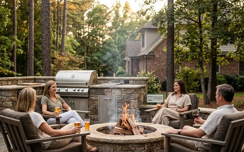 Friends gathered around a wood-burning fire pit on a Charlotte evening