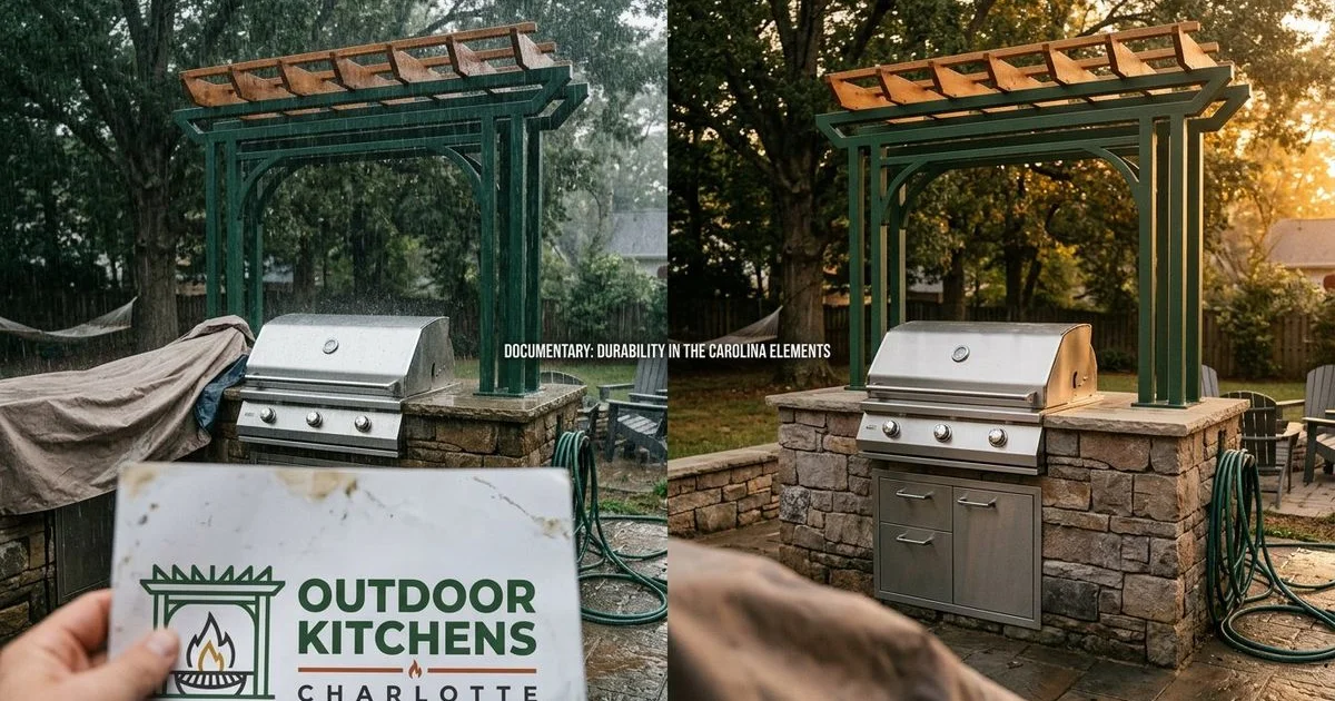 Three built-in grills side by side in a Charlotte outdoor kitchen showroom comparing Blaze Bull and Big Green Egg