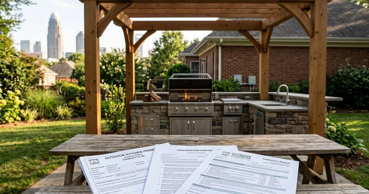 Charlotte homeowner reviewing building permit documents for outdoor kitchen construction project