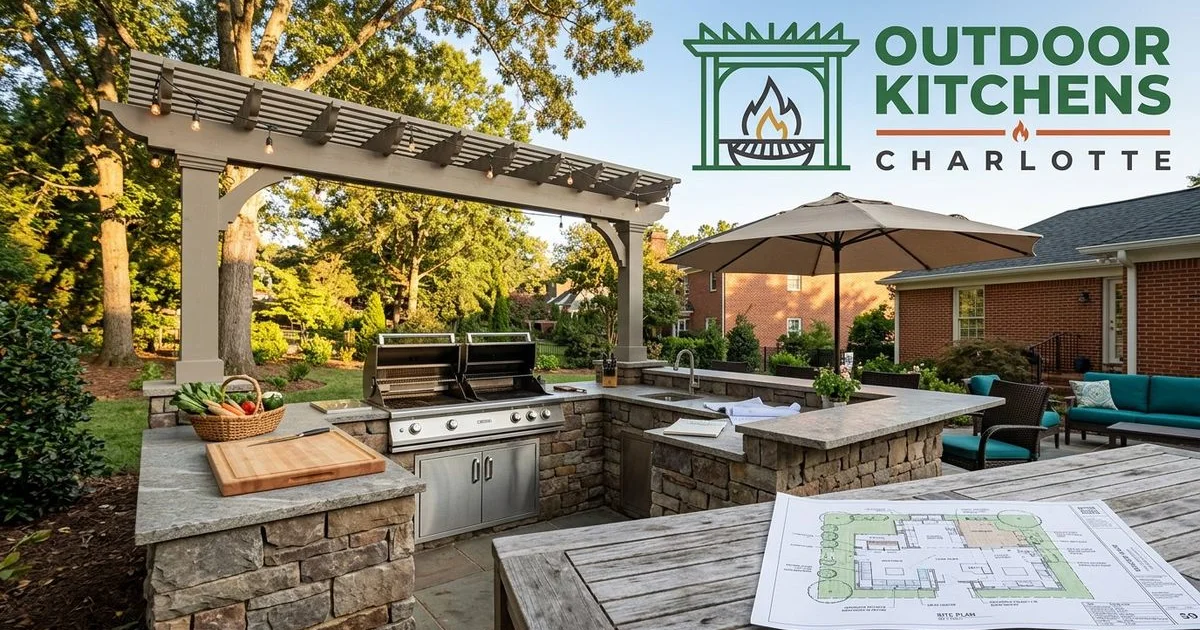 Overhead view of an outdoor kitchen layout plan with designated zones for cooking prep and dining