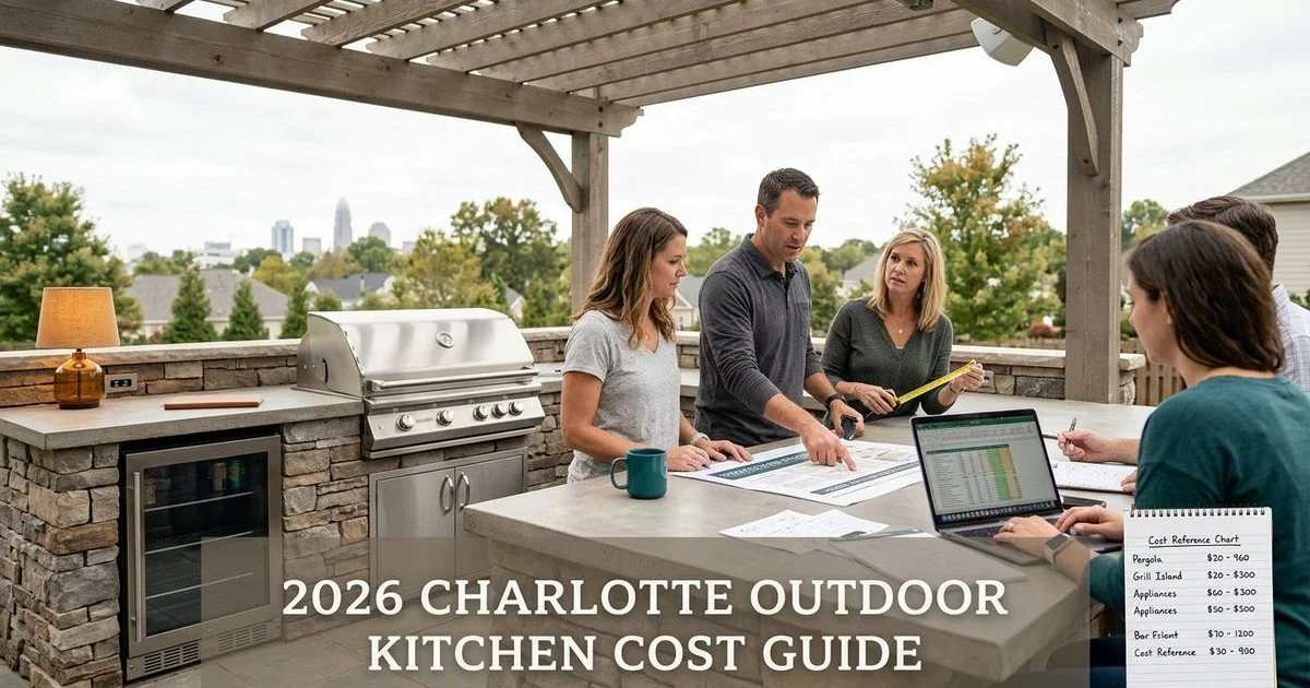 Beautiful completed outdoor kitchen in Charlotte with stone base, granite countertops, and built-in grill