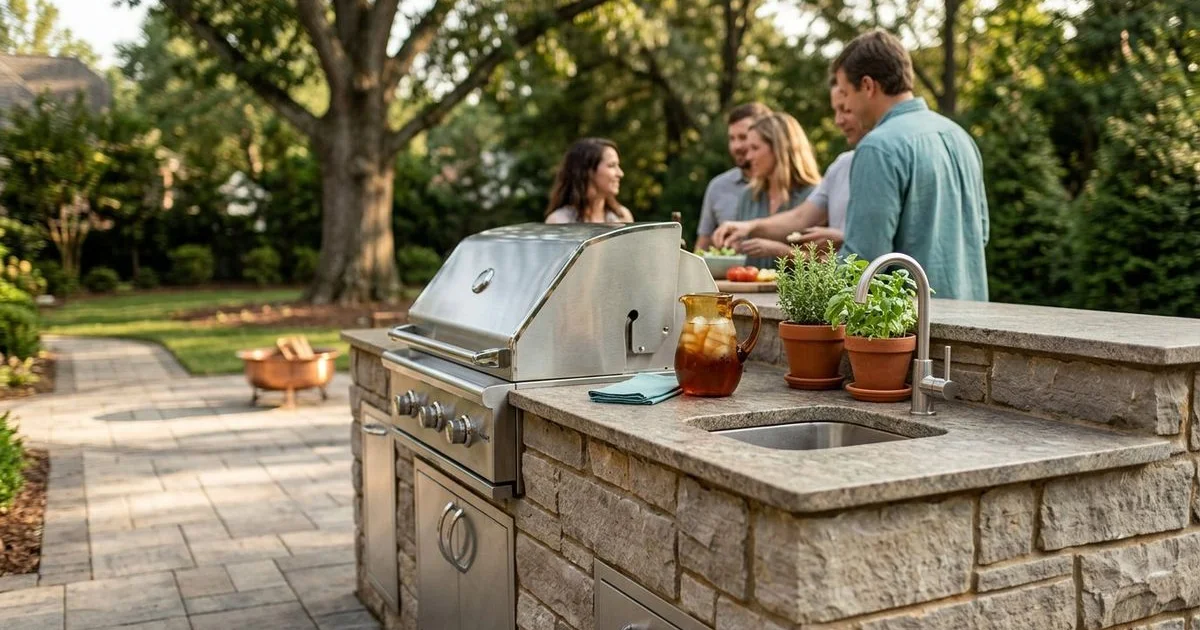 Beautiful outdoor kitchen design in a Charlotte backyard with stone countertops and built-in grill