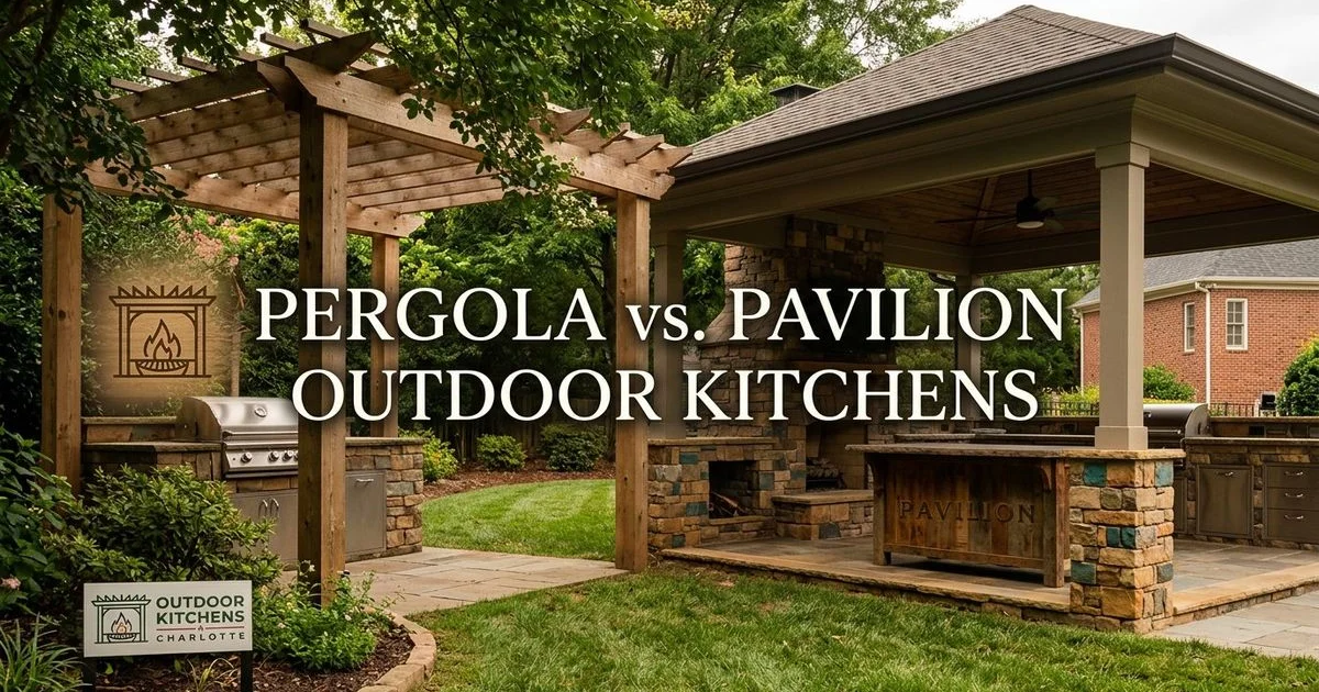 Split view showing a pergola-covered and pavilion-covered outdoor kitchen in Charlotte backyards